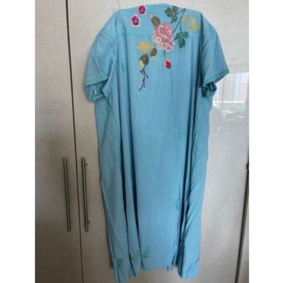 Johnny Was Adele Drape Tunic Dress Floral Embroid Flowers Plaid Viscose Blue New - Picture 3 of 9